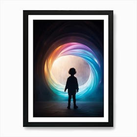 Silhouette Of A Child Mid Emergence From A Swirl Of Iridescent Colorful Ribbons Forming A Portal Art Print