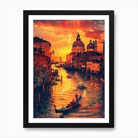 Sunset In Venice, Cityscape Collage Retro Art Print