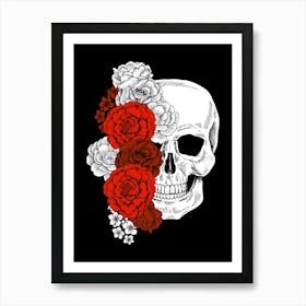 Skulls + Flowers Horror Gothic Red White Black Art Print