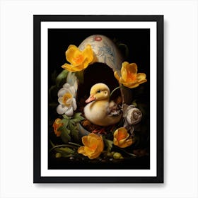 Duck Cracking Out Of Egg Floral 1 Art Print