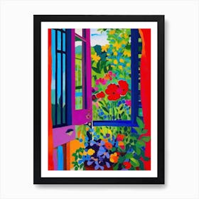 Colorful Open Window with plants and flowers Art Print