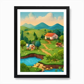 Cartoon Landscape With Houses And Trees Wall Art For Living Room Art Print