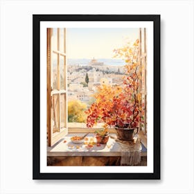 Window View Of  Athens Greece In Autumn Fall, Watercolour 3 Art Print