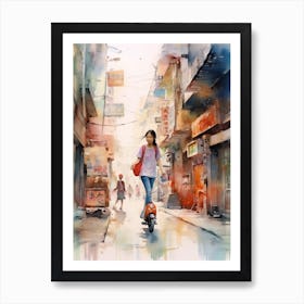 Girl Skateboarding In Shanghai, China Watercolour 1 Art Print