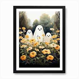 Cute Bedsheet Ghost, Botanical Halloween Watercolour 22 Art Print