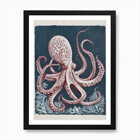 Detailed Octopus On The Ocean Floor Linocut Inspired 1 Art Print