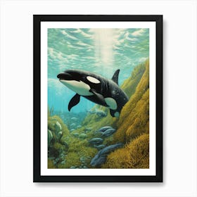 Storybook Style Orca Whale Illustration Underwater, Swimming With Fish Art Print