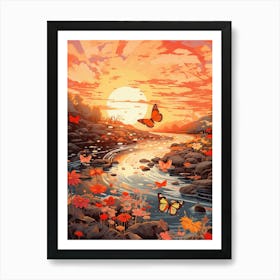 Butterfly At Sunset By The River Japanese Style Painting Art Print