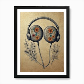 Headphones With Flowers Art Print