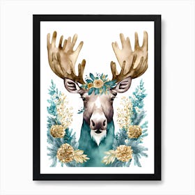 Floral Moose Watercolor  (6) Art Print