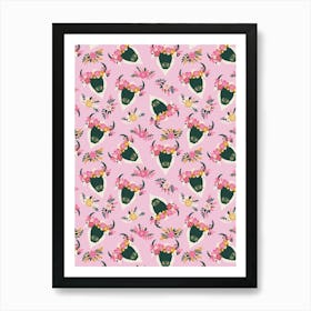 Green Bulls with Flower Crowns on Pink Art Print