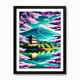 Japanese Cherry Blossoms Mount Fuji Japan Beautiful Lake Landscape 1 Art Print