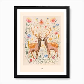 Folksy Floral Animal Drawing Elk 2 Poster Art Print