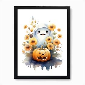 Cute Ghost With Pumpkins Halloween Watercolour 13 Art Print