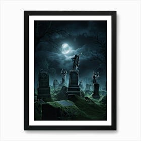 Ghostly Figures Looming Above An Ancient Graveyard In The Haunting Grip Of A Tempestuous Night Sky (5) Art Print