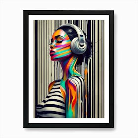 Woman With Headphones Listening To Music Art Print