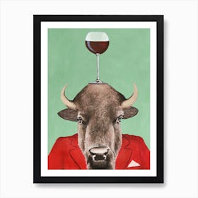 Buffalo With Wineglass Green & Red Art Print