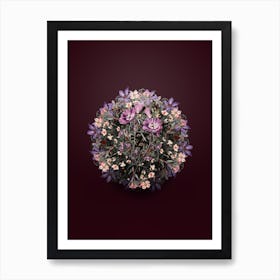 Vintage Large Purple Chilian Evening Primrose Floral Wreath on Wine Red Art Print