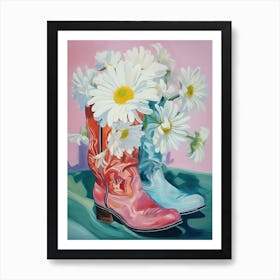Oil Painting Of White Flowers And Cowboy Boots, Oil Style Art Print