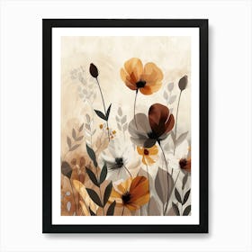 Flowers In Beige, Brown And White Tones, Using Simple Shapes In A Minimalist And Elegant 16 Art Print