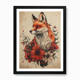 Amazing Red Fox With Flowers 21 Art Print