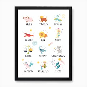 Cute Characters Of The Zodiac Signs Art Print