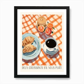 DEUX CROISSANTS S'IL VOUS PLAÎT. Vintage Gouache Breakfast with Quote Kitchen Art Print