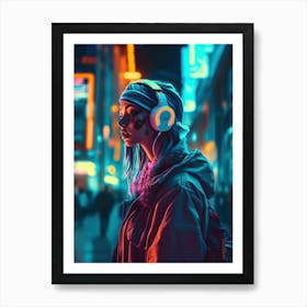 Neon Girl With Headphones 3 Art Print