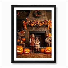 Autumn Decor Layout Integrates Thanksgiving And Halloween Themes Spooky Pumpkins Nestled Between C (3) Art Print