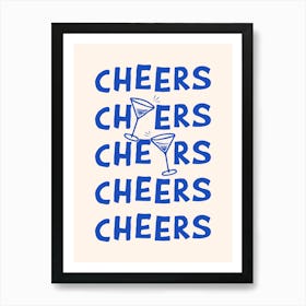 Cheers Cocktail Drinks in Blue and Linen White Art Print