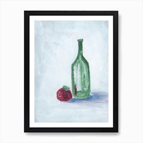 Apple And A Green Bottle painting still life kitchen dining white light vertical Art Print