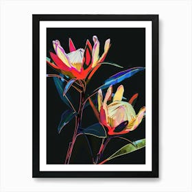 Neon Flowers On Black Protea 4 Art Print