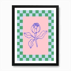 Modern Checkered Flower Poster Blue & Pink 5 Art Print