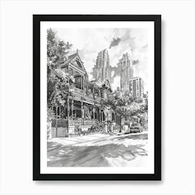 Rainey Street Historic District Austin Texas Black And White Drawing 2 Art Print