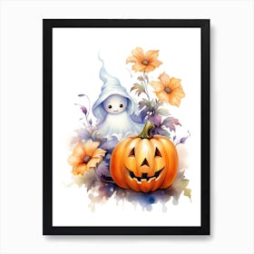 Cute Ghost With Pumpkins Halloween Watercolour 48 Art Print