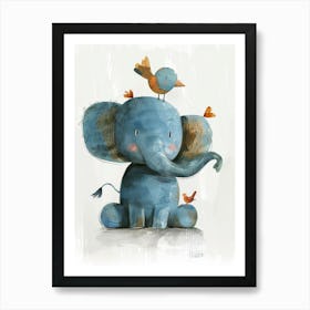Small Joyful Elephant With A Bird On Its Head 10 Art Print