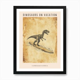 Vintage Compsognathus Dinosaur On A Surf Board 1 Poster Art Print