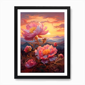 Peony With Sunset In Watercolors (2) Art Print