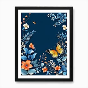 Blue And Orange Flowers, Butterfly And Flowers Wallpaper Art Print