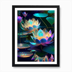 Lotus Flowers In Garden Holographic 4 Art Print