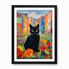 Black Cat In The Flower Garden Art Print