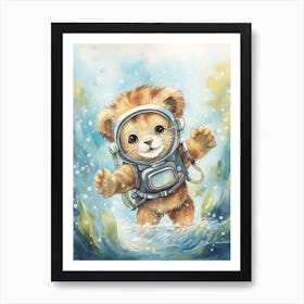 Scuba Diving Watercolour Lion Art Painting 2 Art Print