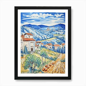 Italy, Tuscany Cute Illustration In Orange And Blue 1 Art Print