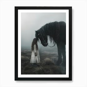 Girl And A black Horse Art Print