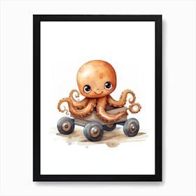 Baby Octopus On A Toy Car, Watercolour Nursery 0 Art Print