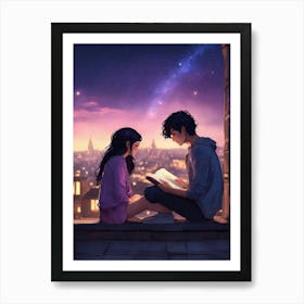 Couple Reading At Night Art Print