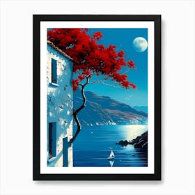 Red Tree By The Sea Art Print