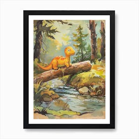 Storybook Style Dinosaur Crossing The River With A Log Painting 3 Art Print