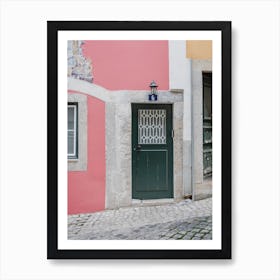 Lisbon Alfama Art Pink Facade & Green Door Art Print