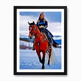 Princess In Blue Dress Riding On The Snowfield Art Print